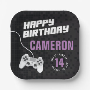Girls Game On Gaming Neon Purple Birthday Party Paper Plate