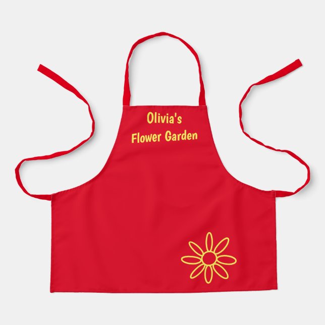 Girl's gardening apron, red, cute, her name apron (Front)