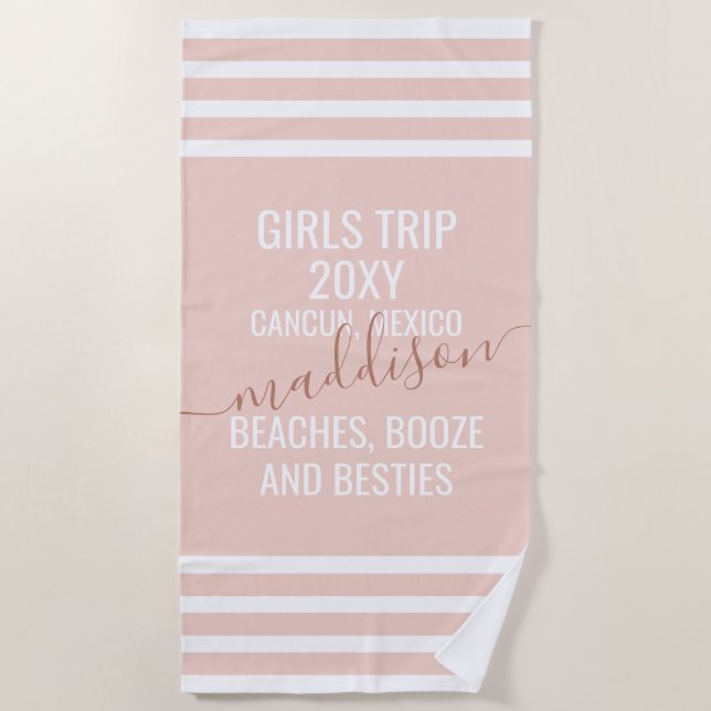 Girls Getaway Beach Trip Funny Trendy Blush Pink Beach Towel (Front)