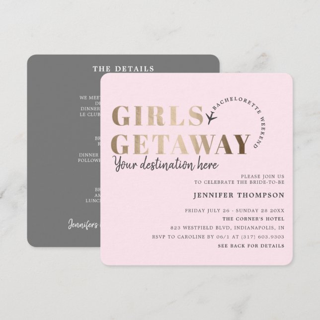 Girls Getaway Blush & Gold Bachelorette Weekend Invitation (Front/Back)