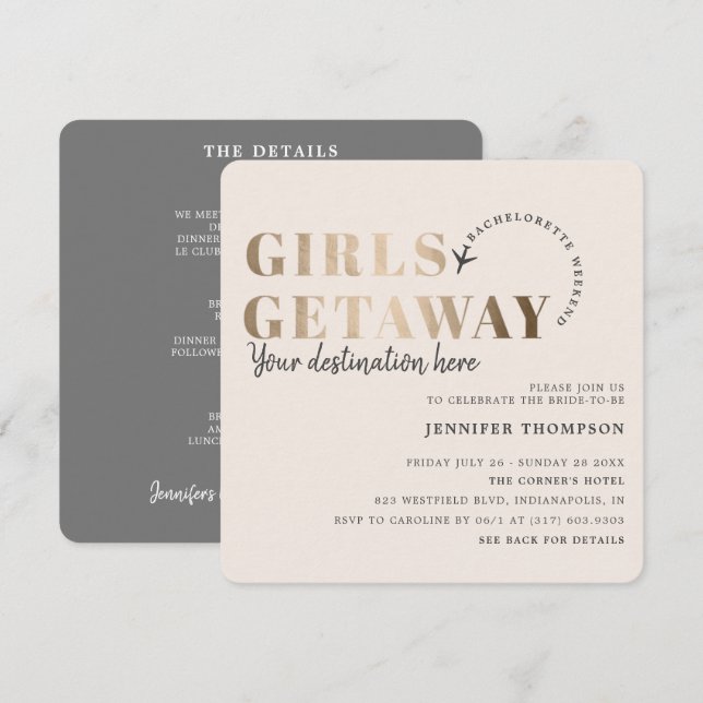 Girls Getaway Taupe & Gold Bachelorette Weekend Invitation (Front/Back)