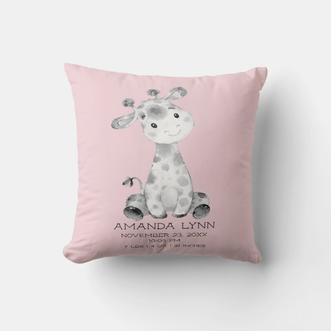 Girls Giraffe Baby Birth Stats Pillow (Front)