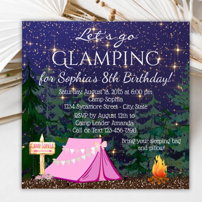 Girls Glamping Birthday Party Invitation (Glamping invitation with cute tent and campfire. Glamping invitation for any event. )