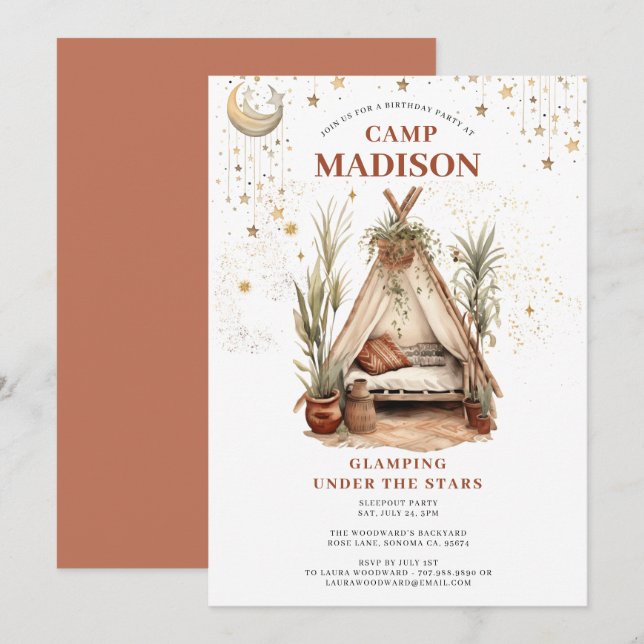 Girls Glamping Birthday Party Under The Stars Invitation (Front/Back)