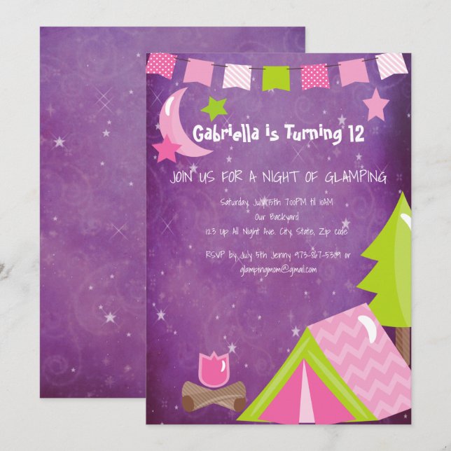 Girls Glamping/Camping Out Birthday Party Invitation (Front/Back)