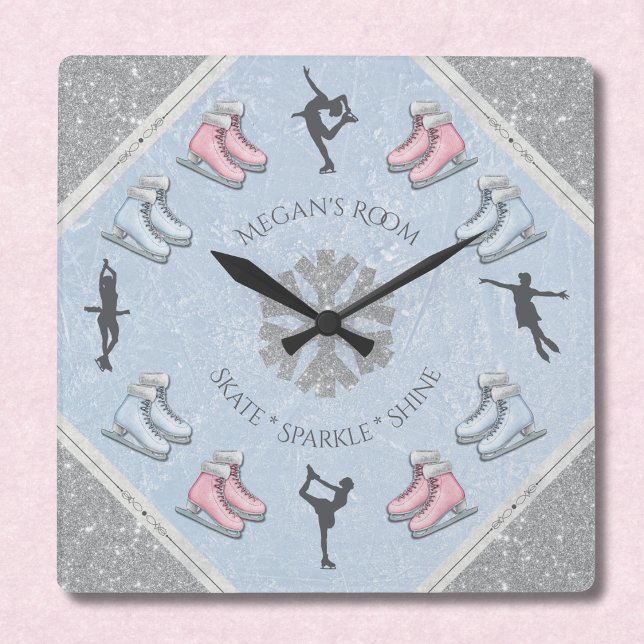 Girls Glitter Ice Rink Figure Skater Clock (Personalized bedroom decor for the young ice skater)