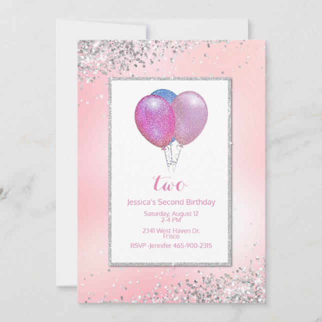 Girls Glittery Balloons Birthday Invitation (Front)