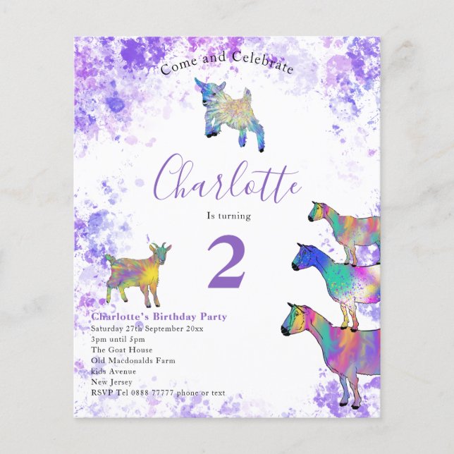 Girls Goat Birthday Party Purple Budget Flyer (Front)