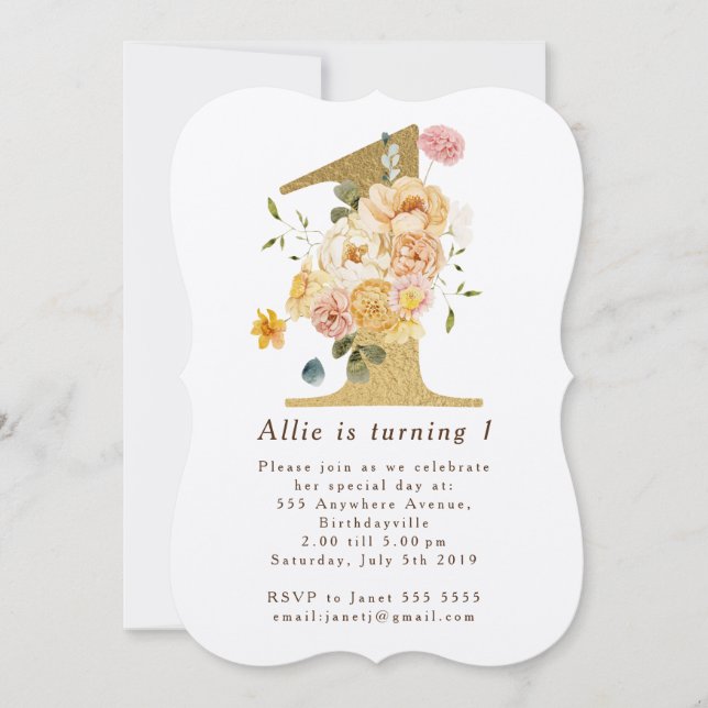 Girls Gold Floral 1st Birthday Party Invitation (Front)