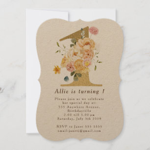 Girls Gold Floral 1st Birthday Party Invitation