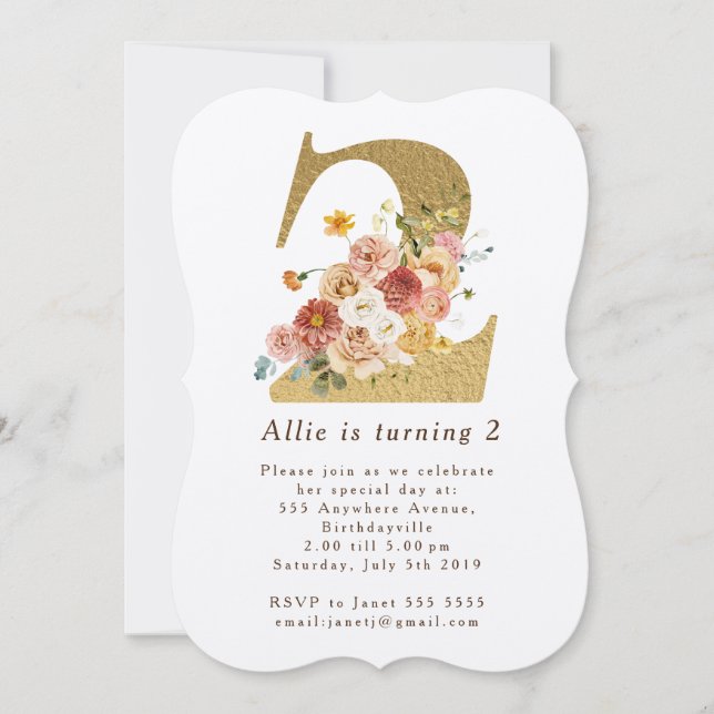 Girls Gold Floral 2nd Birthday Party Invitation (Front)