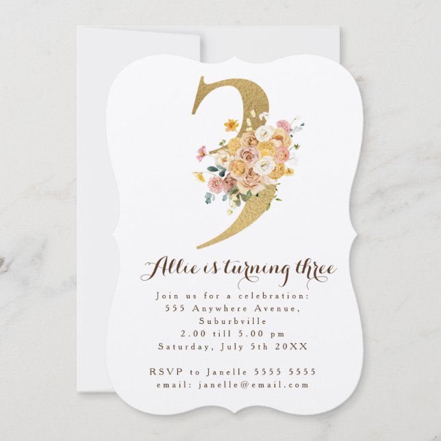 Girls Gold Floral 3rd Birthday Number 3 Party Invitation (Front)