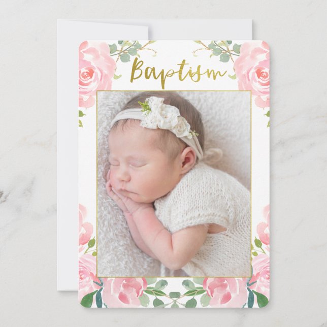 Girls Gold Pink Photo Baptism Invitation (Back)