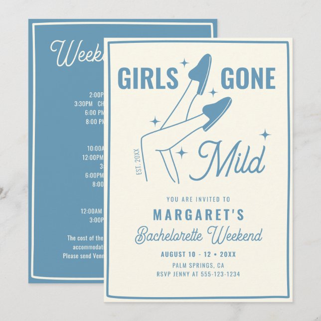 Girls Gone Mild Blue Spa Bachelorette Weekend Invitation (Front/Back)