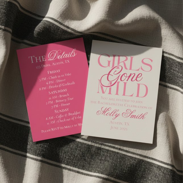 Girls Gone Mild Pink Bachelorette Itinerary Invitation (Girls Gone Mild invite with modern serif font – perfect for engagement or bridal celebrations!)