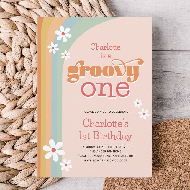 Girl's Groovy One Retro Daisies 1st Birthday Invitation (Creator Uploaded)