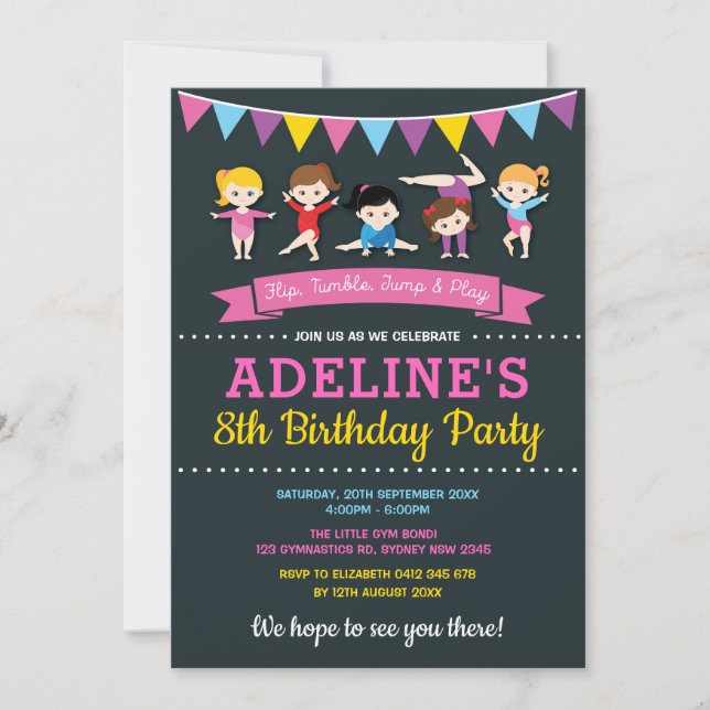 Girls Gymnastic Birthday Gym Party Pink Chalkboard Invitation (Front)