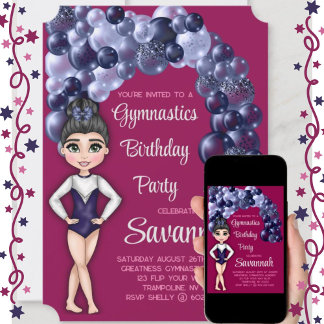 Girls Gymnastics Birthday Party Blue and Magenta Invitation