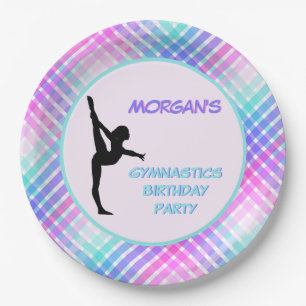 Girls Gymnastics Birthday Pretty Pastel Plaid Paper Plate