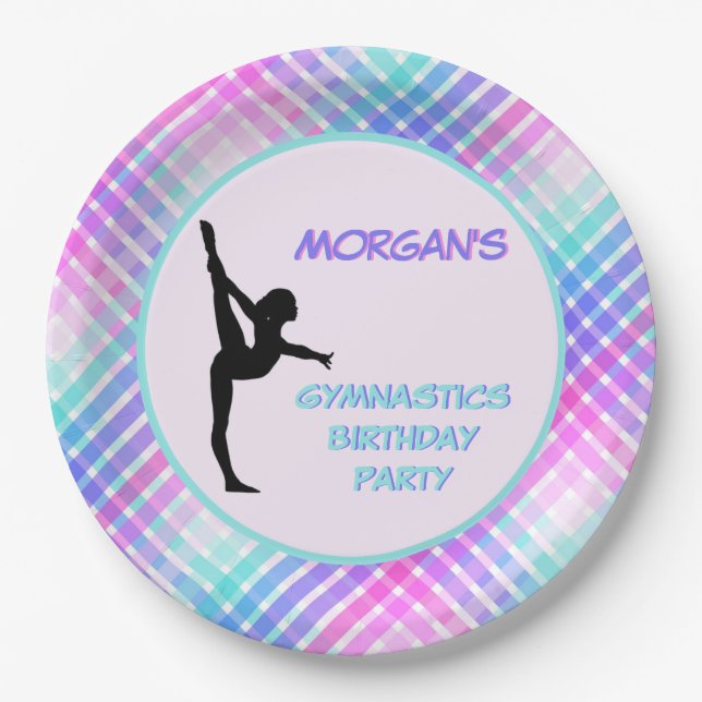 Girls Gymnastics Birthday Pretty Pastel Plaid Paper Plate (Front)