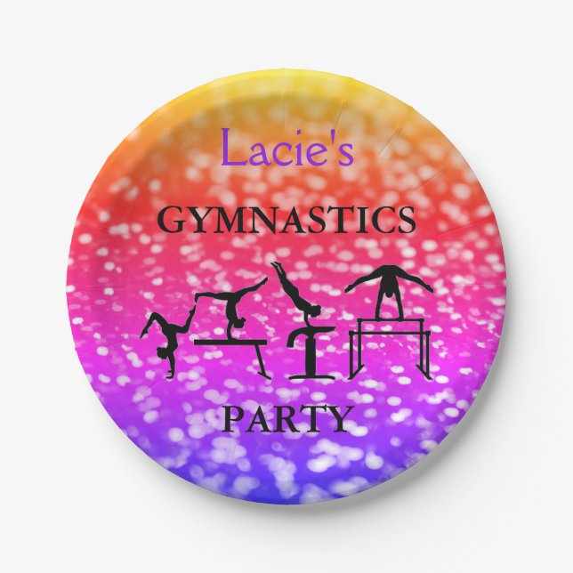 Girls Gymnastics Birthday Sparkle Custom Name Paper Plate (Front)