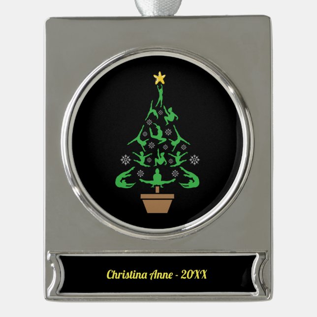 Girls Gymnastics Christmas Tree Silver Plated Banner Ornament (Front)