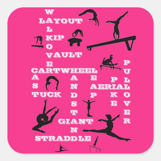 Girls Gymnastics Crossword Skills Hot Pink & White Square Sticker (Front)