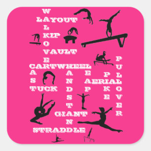 Girls Gymnastics Crossword Skills Hot Pink & White Square Sticker