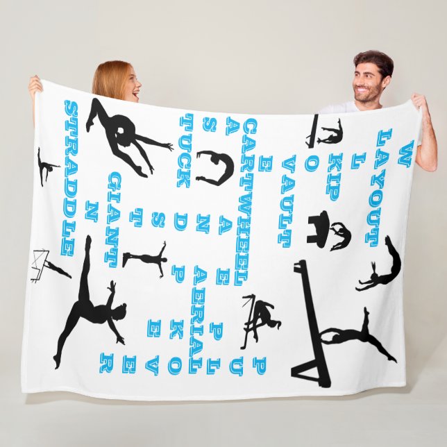 Girls Gymnastics Crossword White, Blue & Black Fleece Blanket (In Situ)