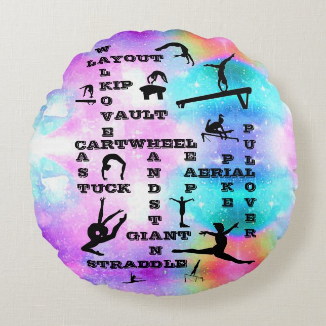 Girls Gymnastics Crosswords Round Pillow (Front)