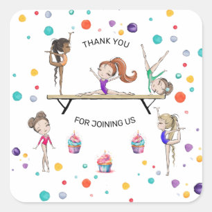 Girls Gymnastics Cupcake Birthday Party Favour  Square Sticker