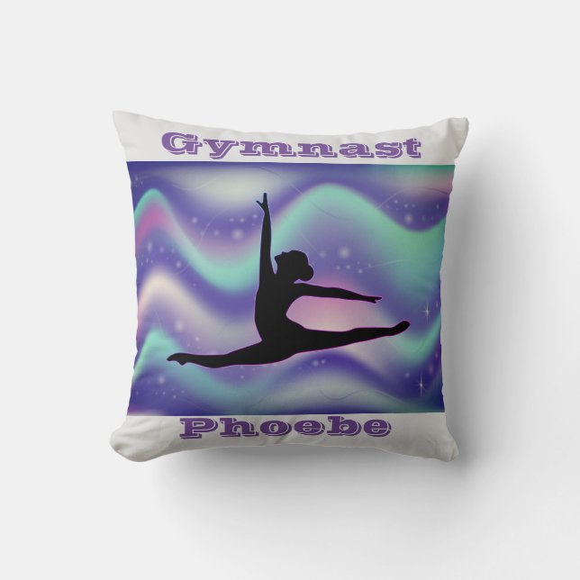 Girls Gymnastics Grey Purple Pillow w/ Her Name (Front)