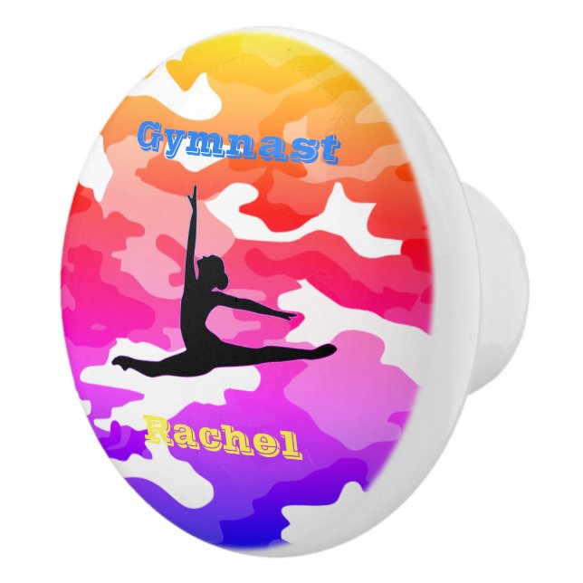Girls Gymnastics "Gymnast" Rainbow Camo Custom Ceramic Knob (Right)