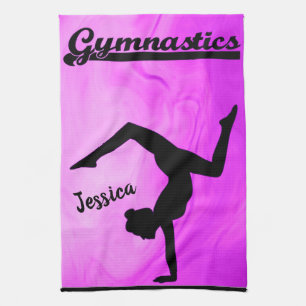 Girls Gymnastics Purple Swirl Personalised   Tea Towel