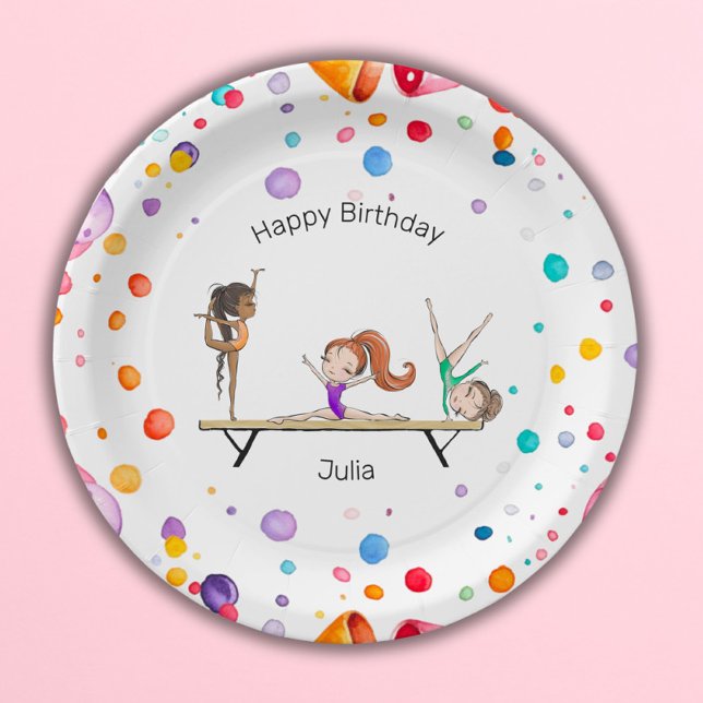 Girls Gymnastics Rainbow Balloons Birthday Party Paper Plate (Creator Uploaded)