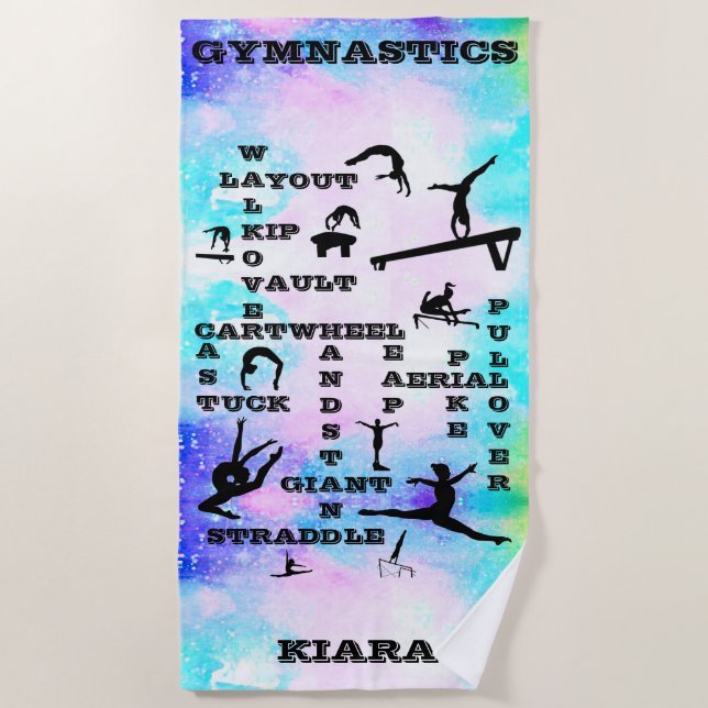 Girls Gymnastics Skills Crosswords Beach Towel (Front)