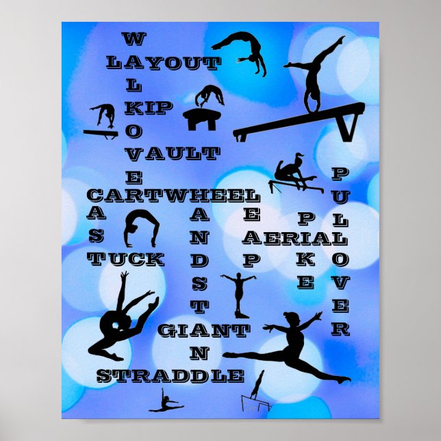 Girls Gymnastics Skills Crosswords Blue   Poster (Front)