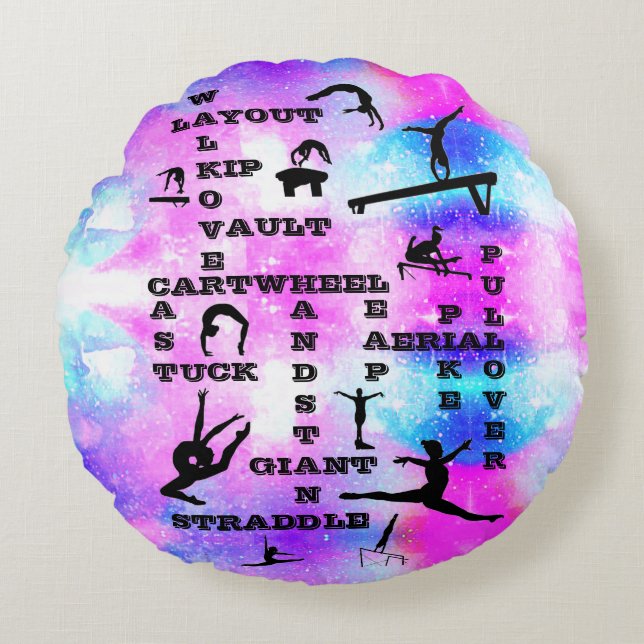 Girls Gymnastics Skills Crosswords Round Pillow (Front)