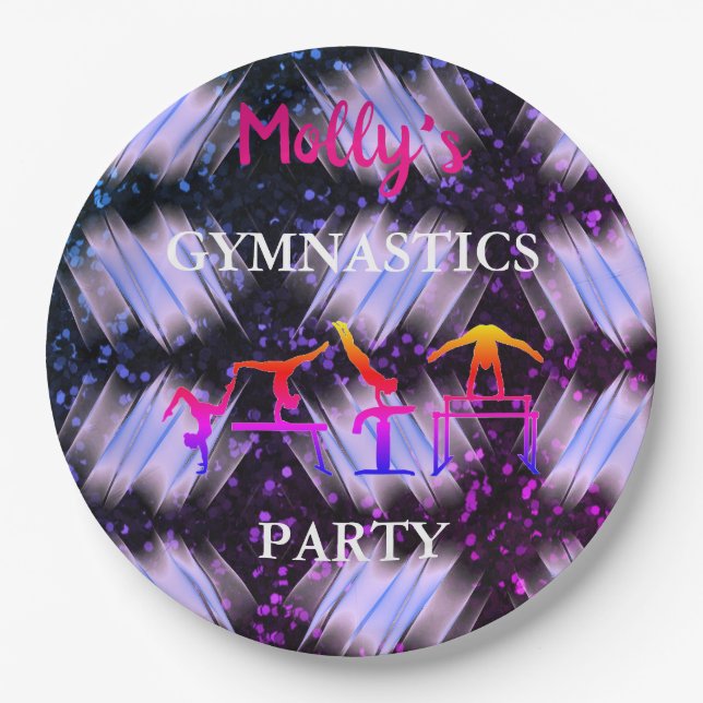 Girls Gymnastics Sparkle Ribbon Birthday Party Paper Plate (Front)