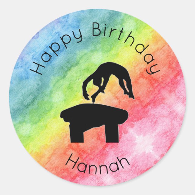 Girls Gymnastics Vault "Happy Birthday" Rainbow Classic Round Sticker (Front)