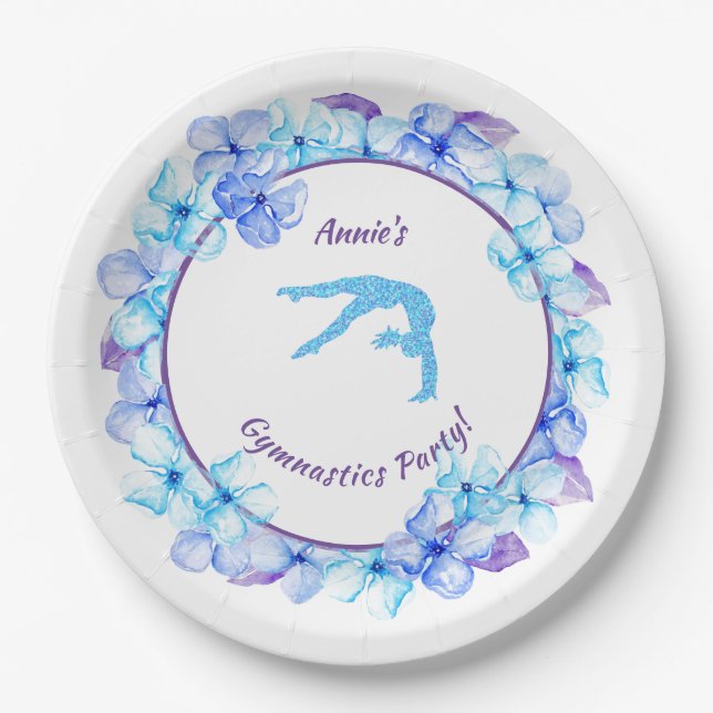 Girls Gymnastics Watercolor Floral Birthday Paper Plate (Front)