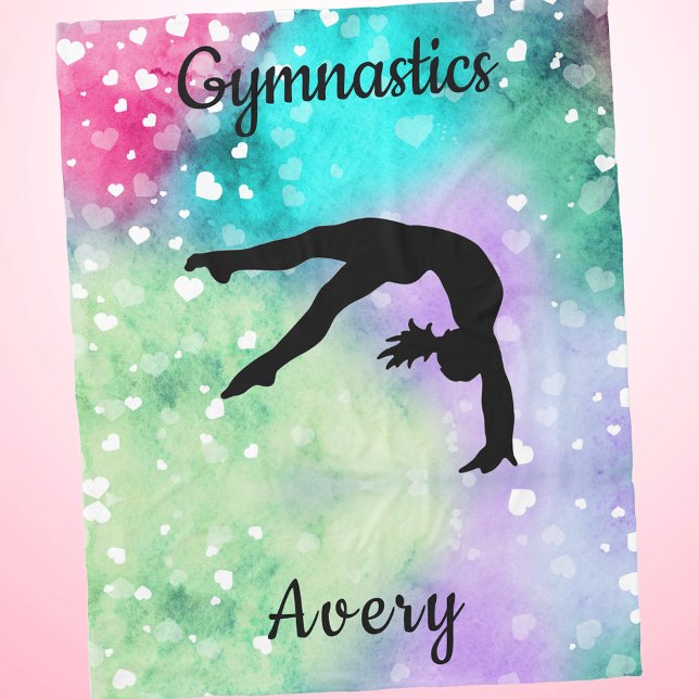 Girls Gymnastics Watercolor with Floating Hearts Fleece Blanket (Floating Hearts Rainbow Pastel Gymnastics Tumbling Blanket with Name)