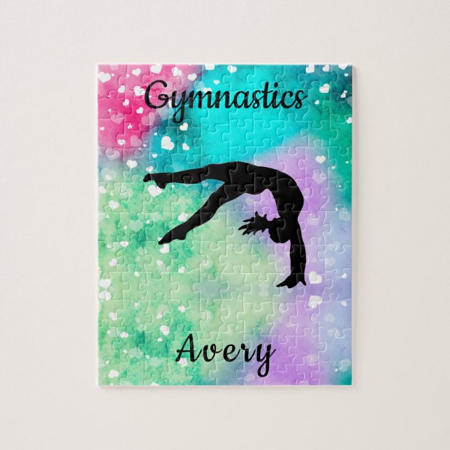 Girls Gymnastics Watercolor with Floating Hearts   Jigsaw Puzzle (Vertical)