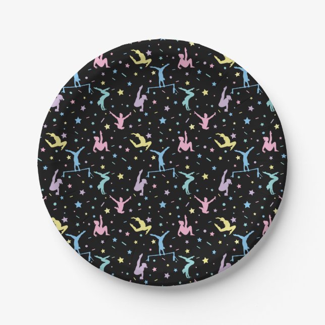 Girls Gymnastics Women Gymnasts with Stars Paper Plate (Front)