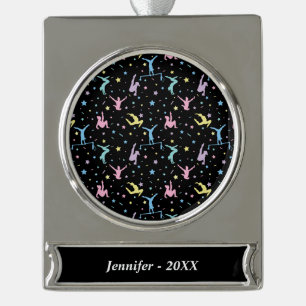 Girls Gymnastics Women Gymnasts with Stars Silver Plated Banner Ornament