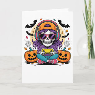 Girls Halloween Skeleton Gamer Video Gaming Girl T Card