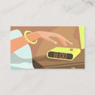 Girls hand pushing on alarm clock snooze button advice card