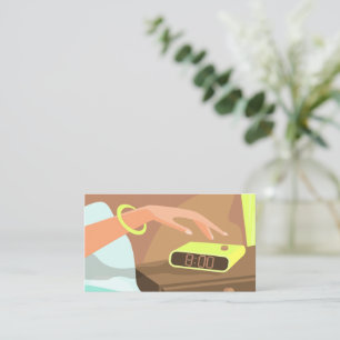 Girls hand pushing on alarm clock snooze button appointment card