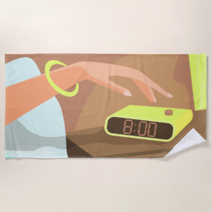Girls hand pushing on alarm clock snooze button beach towel