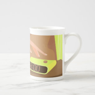 Girls hand pushing on alarm clock snooze button bone china mug